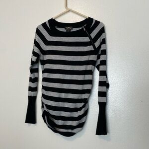 Love Always grey blk striped zipper neck sweater medium